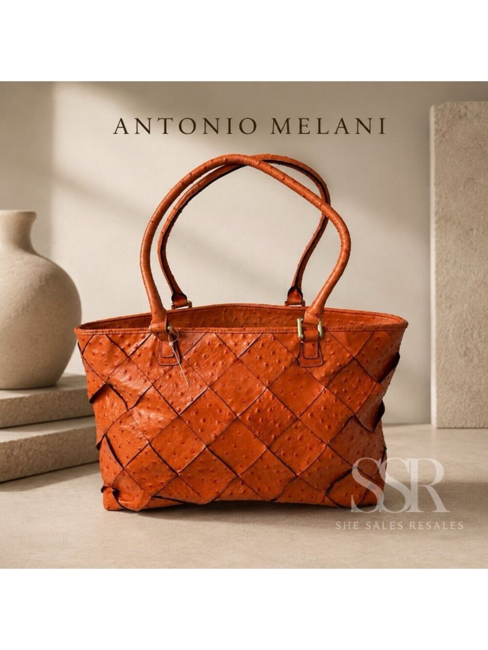 Antonio Melani Orange Woven Ostrich Embossed Leather Tote Shoulder Bag